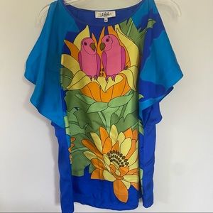 Designer Tibi Silk Love Birds Bare Shoulder Top